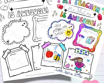 May include: Two printable sheets with the text "My Teacher is Awesome!" and various fill-in-the-blank templates. One sheet is pre-filled with colorful drawings and text, including "Ms. McCoy" and "Thank you!" The other sheet is blank.