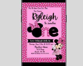 May include: Pink and white polka dot background with a black and white illustration of Minnie Mouse. The text "Put on your ears it's time for cheers" is at the top of the invitation. The text "Ryleigh is turning one" is in the center of the invitation. The text "Come Celebrate with us" is at the bottom of the invitation. The text "Sunday, July 23rd @ 3:00 pm" is below the text "Come Celebrate with us". The text "Ryleigh's Home 123 Pkwy Austin, TX RSVP to Anna 111-111-1111" is below the date and time.