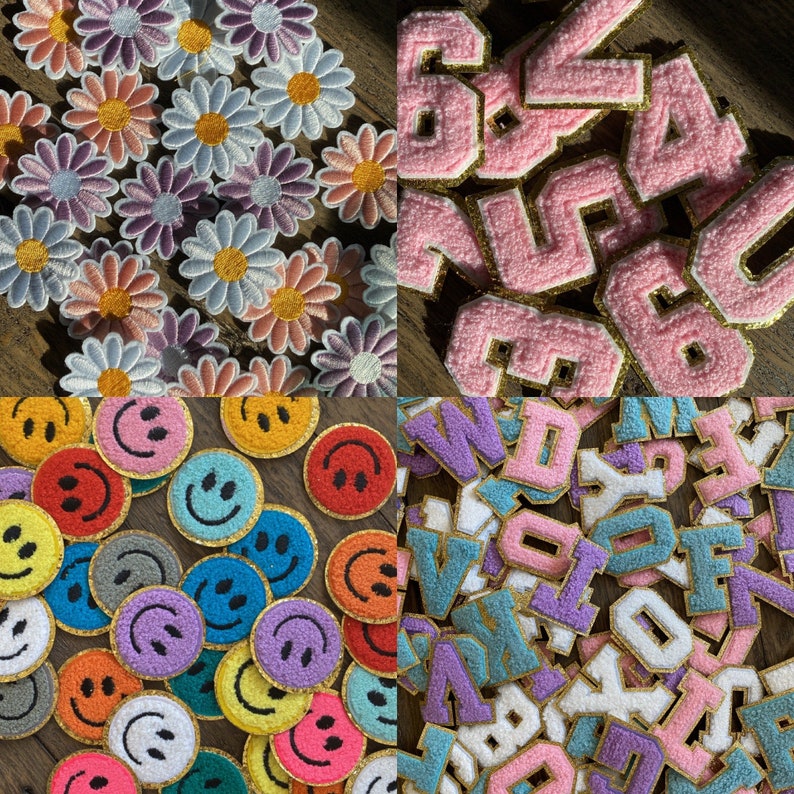 May include: Assortment of colorful felt patches with various designs.  The patches include smiley faces, letters, and flowers.  The patches are all embroidered with gold thread.