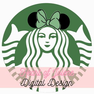 Peut inclure: Logo vert et blanc avec un visage de femme, de longs cheveux ondul&eacute;s, un n&oelig;ud vert et des oreilles de souris noires. Le texte "Heart of Jolene Digital Design" est affich&eacute; sur une banni&egrave;re rose en bas du logo.