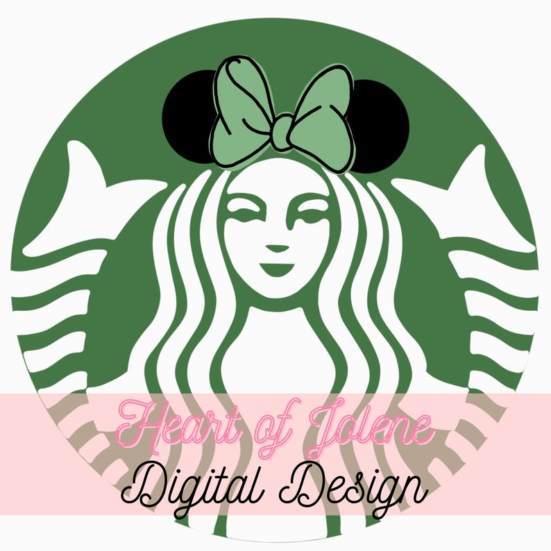 Peut inclure: Logo vert et blanc avec un visage de femme, de longs cheveux ondul&eacute;s, un n&oelig;ud vert et des oreilles de souris noires. Le texte "Heart of Jolene Digital Design" est affich&eacute; sur une banni&egrave;re rose en bas du logo.