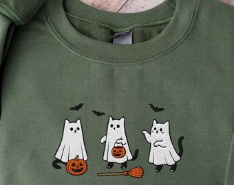 Embroidered Halloween Cat Sweatshirt, Cute Ghost Cat Crewneck, Spooky Fall Outfit, Cozy Cat Lover Gift, Trick or Treat Pullover, Black cat t