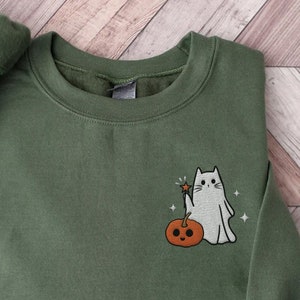 Sudadera con fantasma bordado, sudadera de Halloween, gato negro, sudadera de otoño para mujer, sudadera de cuello redondo de Halloween, camiseta de fantasma, temporada espeluznante