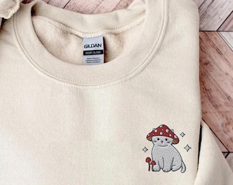 Embroidered Mushroom Cat Sweatshirt, Cute cat sweatshirt, Cat lover gift, Mushroom sweatshirt, Cat mom sweatshirt, Cottagecore shirt,