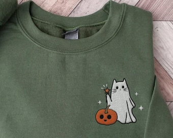 Embroidered Ghost Sweatshirt, Halloween Sweatshirt, Black Cat, Fall Sweatshirt for Women, Halloween Crewneck, Ghost Shirt, Spooky Season