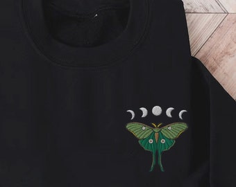 Embroidered Moth shirt, embroidered sweatshirt, whimsigoth clothes, dark academia, Cottagecore shirt, witchy sweater, Goblincore, Moon phase