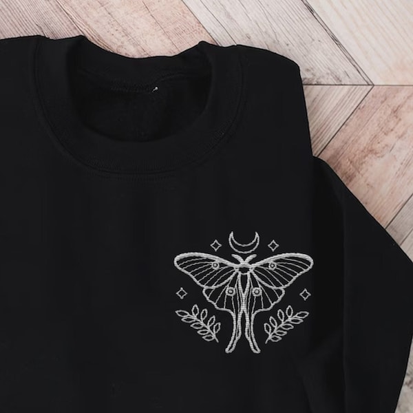Embroidered Moth shirt, embroidered sweatshirt, whimsigoth clothes, dark academia, Cottagecore shirt, witchy sweater, Goblincore, Moon phase