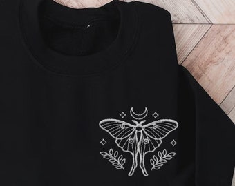 Embroidered Moth shirt, embroidered sweatshirt, whimsigoth clothes, dark academia, Cottagecore shirt, witchy sweater, Goblincore, Moon phase