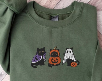 Embroidered Black Cat Sweatshirt, Halloween Sweatshirt, Pumpkin shirt, Fall Sweatshirt for Women, Halloween Crewneck, Spooky Season, Bat top