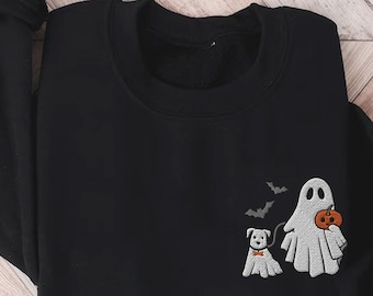 Embroidered Ghost Dog Sweatshirt, Funny Halloween Sweatshirt, Pumpkin shirt, Fall Sweatshirt for Women, Halloween Crewneck, Spooky Season