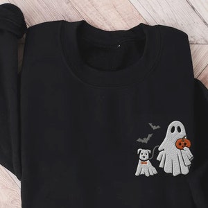 Embroidered Ghost Dog Sweatshirt, Funny Halloween Sweatshirt, Pumpkin shirt, Fall Sweatshirt for Women, Halloween Crewneck, Spooky Season