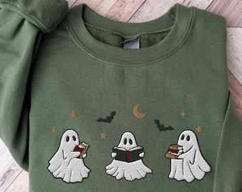 Embroidered Book Ghost Sweatshirt, Halloween Crewneck, Fall Sweatshirt for Women, Book lover shirt, Cute Pumpkin Ghost Shirt, Spooky Season