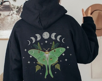 Moth Hoodie, Luna Moth sweatshirt, dark academia clothing, Cottagecore top, witchy sweater, insect tshirt, Bug top, Goblincore, Moon phases