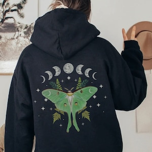 Moth Hoodie, Luna Moth sweatshirt, dark academia clothing, Cottagecore top, witchy sweater, insect tshirt, Bug top, Goblincore, Moon phases