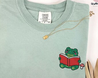 Cute Frog Reading Book Embroidered shirt, Book Lover Gift, Cozy Aesthetic Pullover, Cottagecore Animal Design, Unisex Comfort Colors