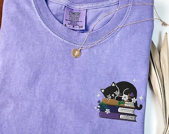 Embroidered Cat Book shirt, Comfort colors Floral Book shirt, Book Lovers, Gift for Cat lover, Bookish tshirt, Reading shirt, Cat Mom