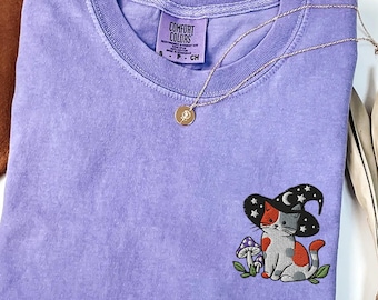 Embroidered Calico Cat Comfort colors shirt, Witchy Gifts, Halloween Crewneck, Mushroom Moon shirt, Fall shirt for Women, Spooky Season