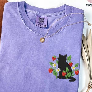 Embroidered Black Cat Cottagecore Shirt, Strawberry Cat comfort colors shirt, Wildflower botanical, Gift for Cat lover, Gift for Cat mom