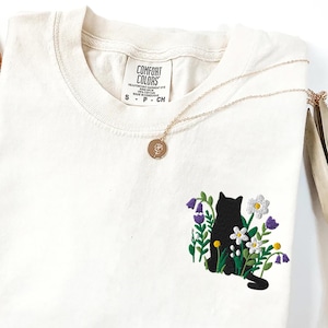 Embroidered Black Cat Cottagecore Shirt, Cute Cat comfort colors shirt, Wildflower botanical, Gift for Cat lover, Gift for Cat mom Daughter