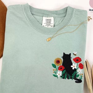 Embroidered Black Cat Cottagecore Shirt, Cute Cat comfort colors shirt, Wildflower botanical, Gift for Cat lover, Cute Gift for Cat mom