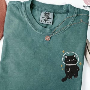 Embroidered Cat T, Cute Black Cat Astronaut Shirt, Space Kitty Graphic Tee, Comfort Colors Green Shirt, Cat Lover Gift, Aesthetic Unisex Top