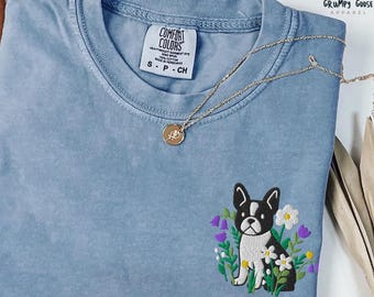 Embroidered Frenchie Dog Cottagecore Shirt, Cute Dog comfort colors shirt, Wildflower shirt, Gift for Dog lover, Gift for Boston Terrier Mom