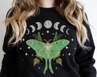 Luna Moth shirt, Moth sweatshirt, dark academia clothing, Cottagecore shirt, witchy sweater, insect tshirt, Bug top, Goblincore, Moon phases