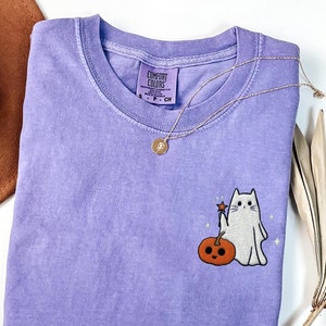 Embroidered Cat Ghost Shirt, Comfort Colors Halloween shirt, Cute Black Cat Crewneck, Fall top for Women, Ghost Shirt, Spooky Season Pumpkin