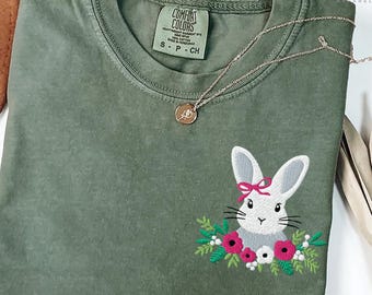 Embroidered Happy Easter T-shirt, Cute Bunny comfort colors t, Coquette Bow Bunny Crewneck, Trendy Easter Shirt, Bunny Lover Gift for Mom