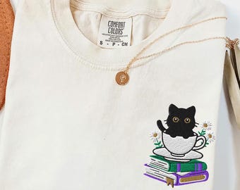 Embroidered Black Cat Book shirt, Comfort colors Book shirt, Book Lover Gift, Gift for Cat lover, Bookish tshirt, Reading shirt, Coffee gift