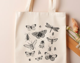 Moth Tote Bag, Cotton canvas tote bag, Witchy tote bag, For women, boho tote bag, Cottagecore bag, Botanical bag, Insect lover gift, Bugs