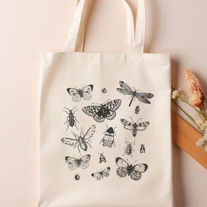 Moth Tote Bag, Cotton canvas tote bag, Witchy tote bag, For women, boho tote bag, Cottagecore bag, Botanical bag, Insect lover gift, Bugs