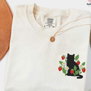 Embroidered Black Cat Cottagecore Shirt, Strawberry Cat comfort colors shirt, Wildflower botanical, Gift for Cat lover, Gift for Cat mom