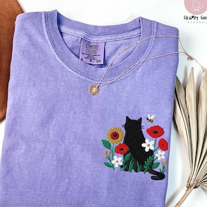 Embroidered Black Cat Cottagecore Shirt, Cute Cat comfort colors shirt, Wildflower botanical, Gift for Cat lover, Cute Gift for Cat mom