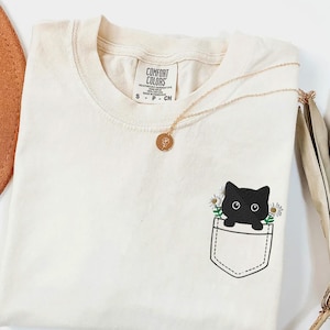 Embroidered Black Cat Cottagecore Shirt, Cute Cat comfort colors shirt, Wildflower botanical, Gift for Cat lover, Gift for Cat mom Daughter