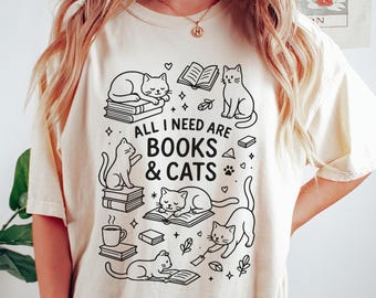 Books and Cats Shirt, Cute Cat Lover Gift, Reading Graphic Tee, Bookish Fall Outfit, Literary Coffee Shirt, Cottagecore shirt Christmas Gift