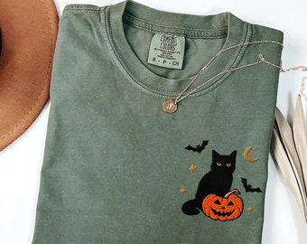 Embroidered Black Cat Comfort colors shirt, Halloween Shirt, Pumpkin shirt, Fall crewneck for Women, Halloween Crewneck, Spooky Season, Bat