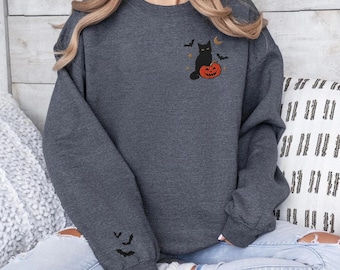 Embroidered Black Cat Sweatshirt, Halloween Sweatshirt, Fall Pumpkin sweatshirt for Women, Halloween Crewneck, Spooky Season, Bat Sleeve