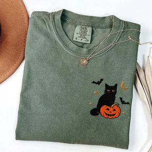 Embroidered Black Cat Comfort colors shirt, Halloween Shirt, Pumpkin shirt, Fall crewneck for Women, Halloween Crewneck, Spooky Season, Bat