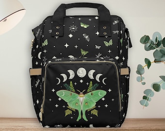 Goth Moth Diaper Bag Backpack Celestial Witchy Goth Baby Shower Gift Idea Insulated Travel Bottle Cooler Boho Moms Dads New Parents Newborn