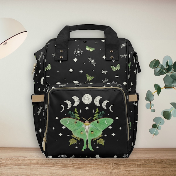 Goth Moth Diaper Bag Backpack Celestial Witchy Goth Baby Shower Gift Idea Insulated Travel Bottle Cooler Boho Moms Dads New Parents Newborn