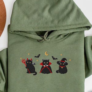Embroidered Black Cat Hoodie, Halloween Crewneck, Funny Black Cat top, Fall shirt for Women, Witchy shirt, Spooky Cozy Gift for Cat Lovers