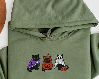 Embroidered Black Cat Hoodie, Funny Halloween shirt, Pumpkin shirt, Fall crewneck for Women, Halloween Crewneck, Spooky Season, Bat top