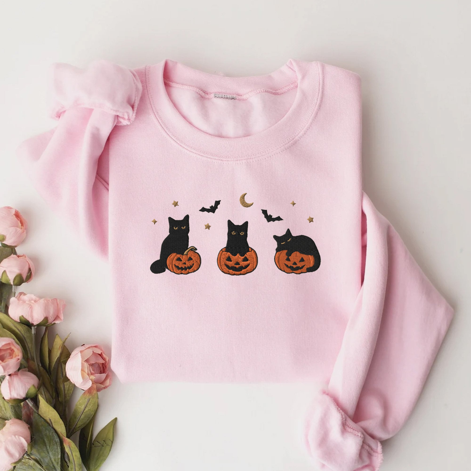 Embroidered Black Cat Sweatshirt, Halloween Sweatshirt, Pumpkin shirt, Fall Sweatshirt for Women, Halloween Crewneck, Spooky Season, Bat top