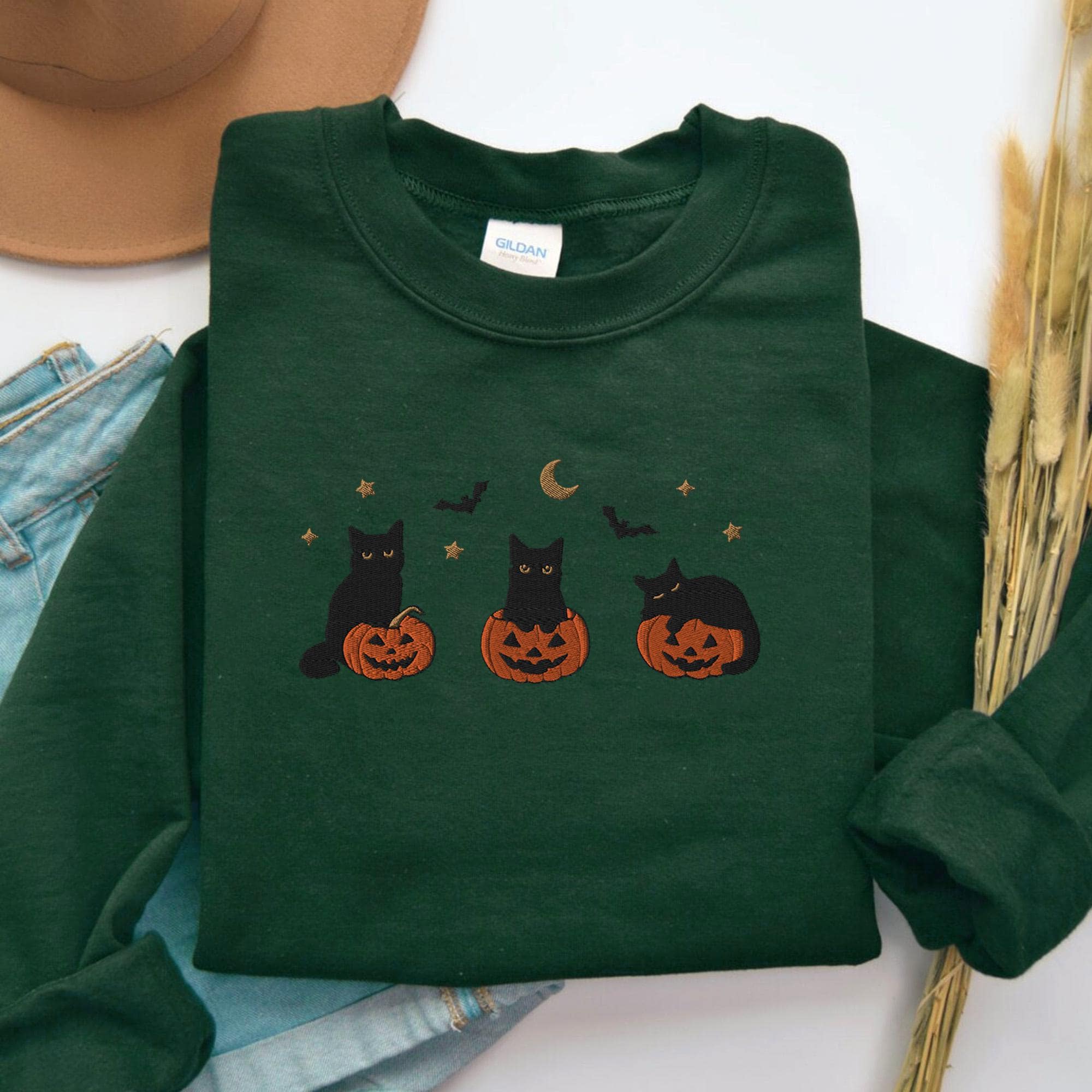 Embroidered Black Cat Sweatshirt, Halloween Sweatshirt, Pumpkin shirt, Fall Sweatshirt for Women, Halloween Crewneck, Spooky Season, Bat top