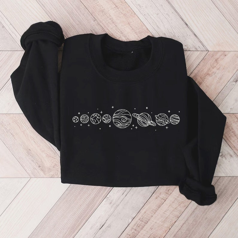 Embroidered Planet Sweatshirt, Solar System Shirt, Astronomy shirt, Star Sweater, Space shirt, Astronaut Shirt Galaxy shirt, Earth Day shirt Black