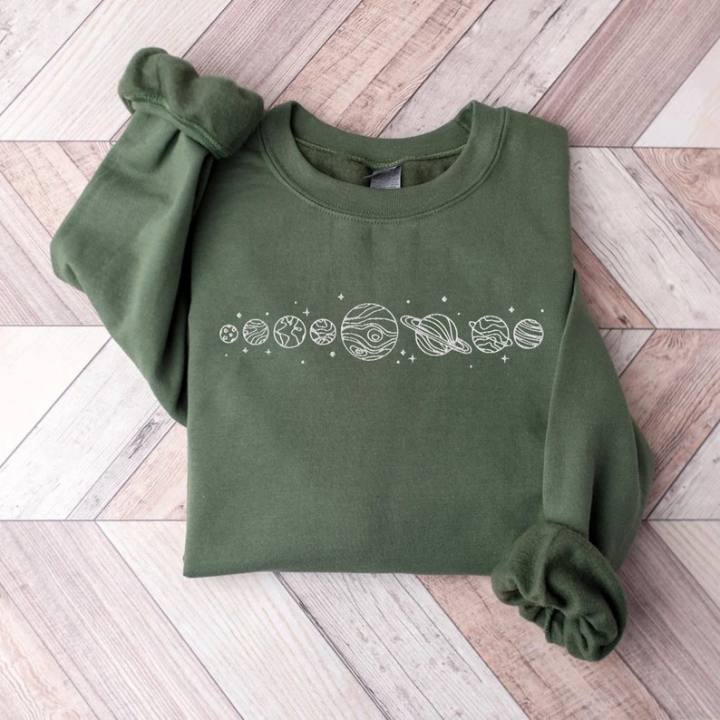 Embroidered Planet Sweatshirt, Solar System Shirt, Astronomy shirt, Star Sweater, Space shirt, Astronaut Shirt Galaxy shirt, Earth Day shirt Military Green