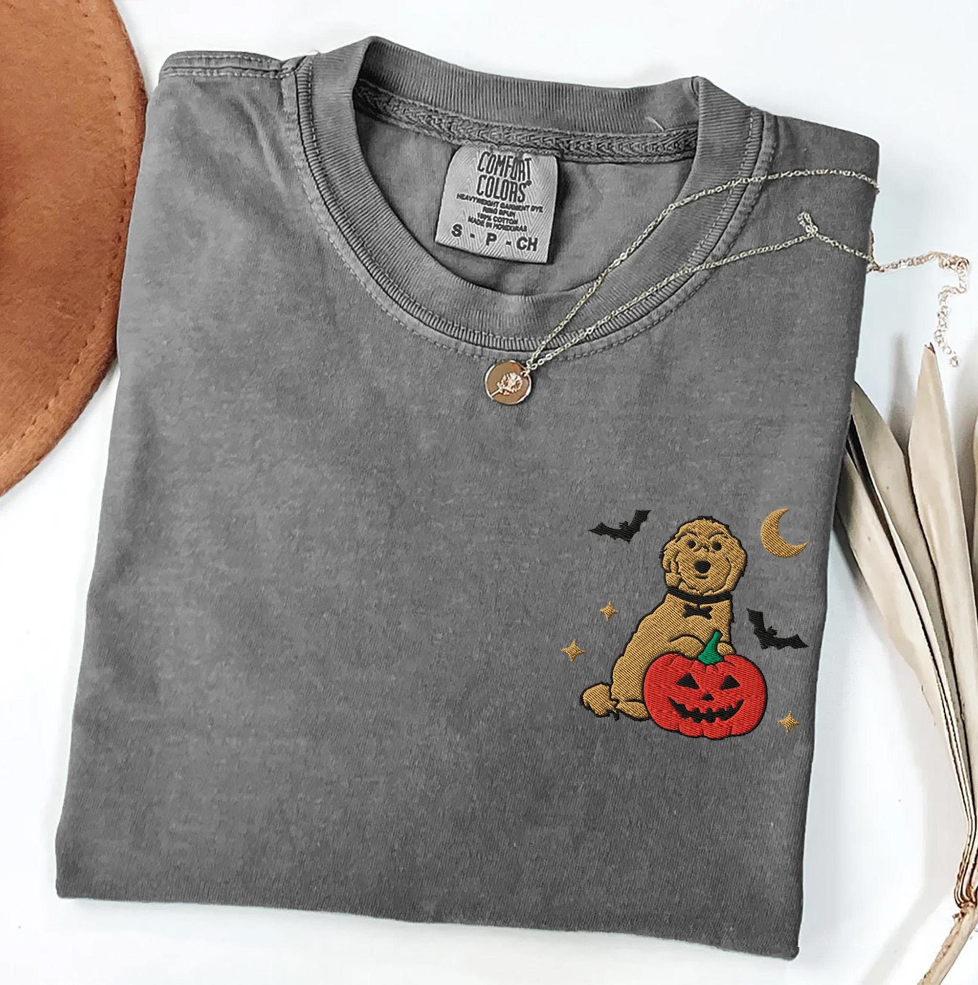 Embroidered Golden Doodle Dog Shirt, Halloween Comfort colors Pumpkin shirt, Fall Sweatshirt for Women, Cute Dog mom gift, Spooky Season