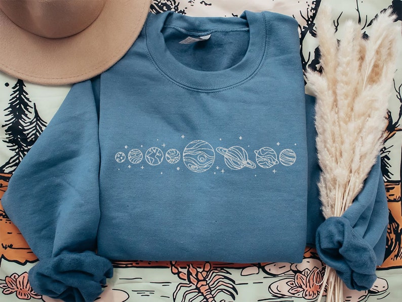 Embroidered Planet Sweatshirt, Solar System Shirt, Astronomy shirt, Star Sweater, Space shirt, Astronaut Shirt Galaxy shirt, Earth Day shirt Indigo
