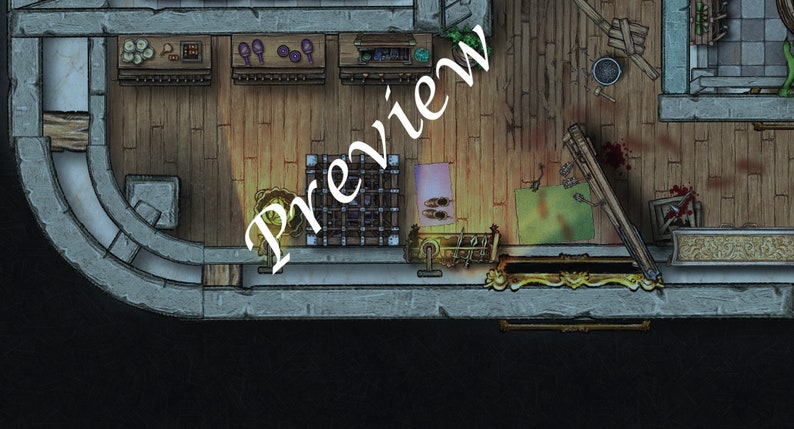 May include: A top-down view of a room with a wooden floor, a stone wall, and a gold-colored chest. There is a wooden table with items on it, a rug, and a cage. There is blood on the floor and a wooden beam lying on the floor.